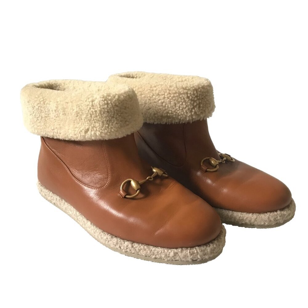 NWOB Gucci Fria Horsebit Ankle Boots Womens 41 10 Brown Leather Sherpa Lined NEW - Picture 4 of 13
